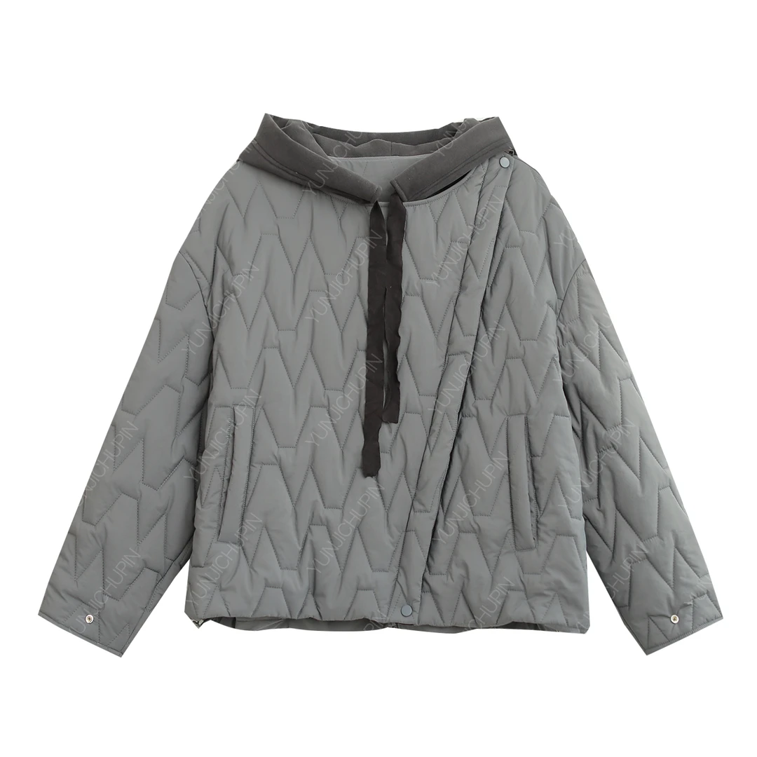 【纭季原创】衣长64 冬季新款休闲时尚大气拼接连帽棉服女D241667