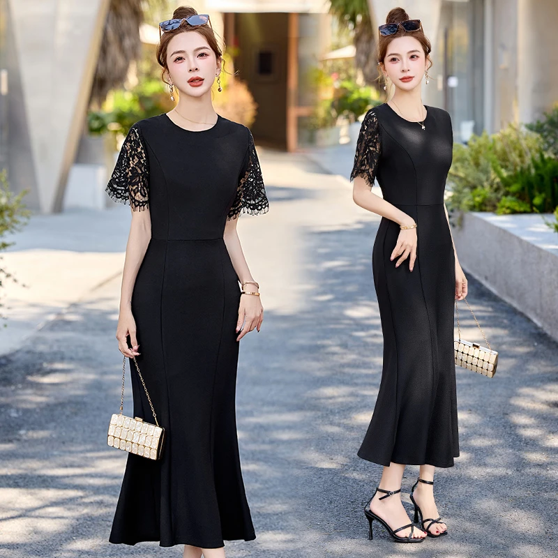 高级感连衣裙女2025夏新款显气质蕾丝包臀性感收腰短袖鱼尾裙女