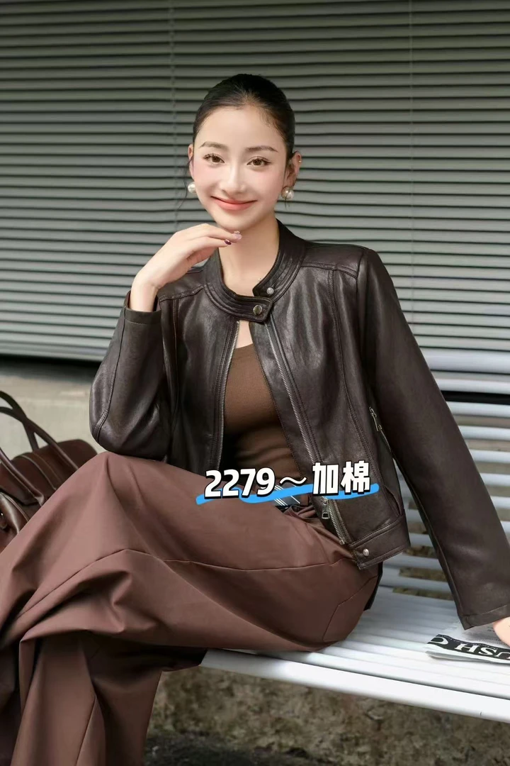 YUNANNA/雲安娜秋冬新品短款暗扣纯色时尚显瘦加棉皮衣2279