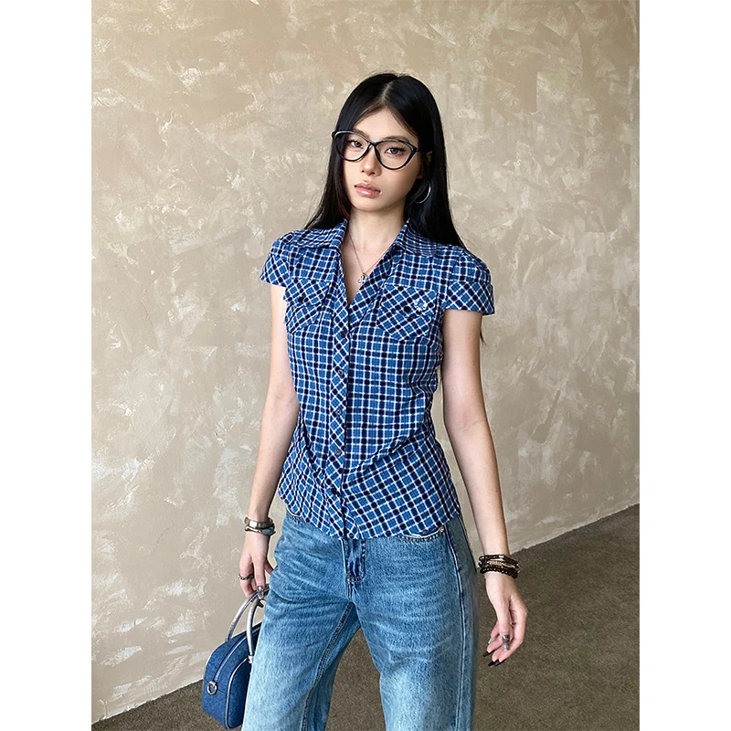 NOWANDHERE美式蓝色格子衬衫短款衬衣掐腰修身古早感上衣y2k短袖