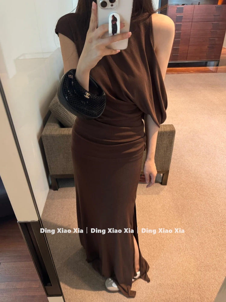 咖色复古露肩气质修身显瘦紧身小个子T恤高腰半身裙两件套女夏季