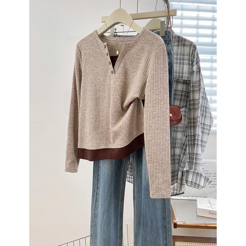 美式复古假两件长袖上衣女2025秋季慵懒风时尚休闲撞色拼接打底衫