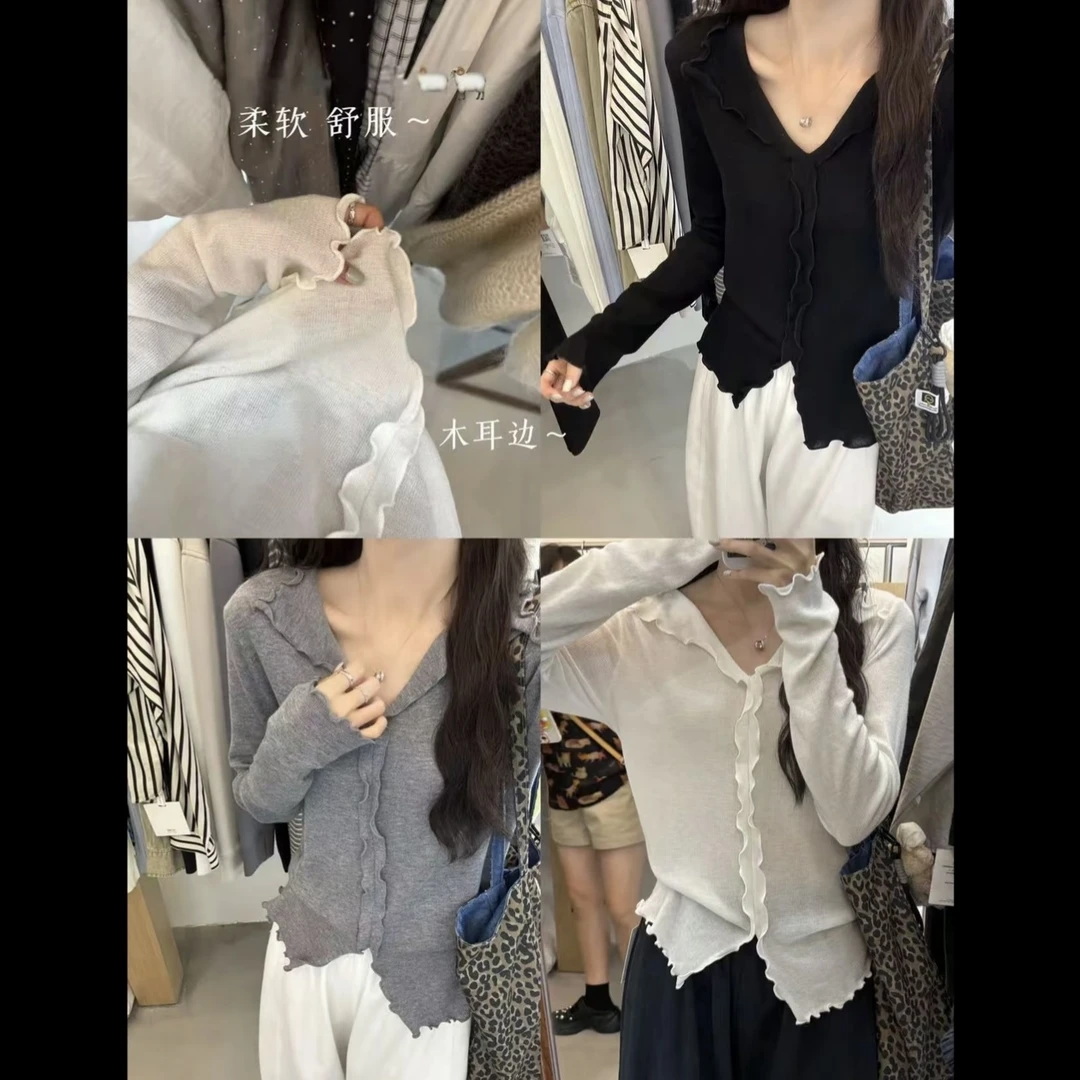 早秋新款韩系长袖设计感小众T恤女上衣白色木耳边时尚V领打底衫女