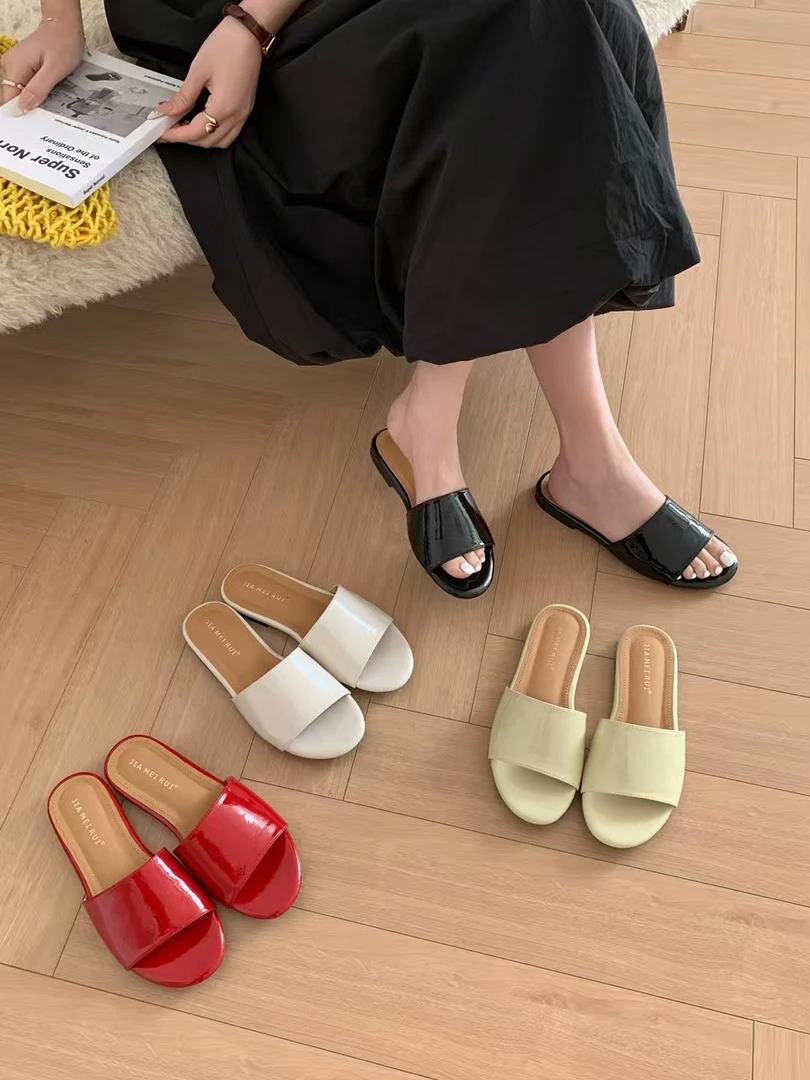 Y A58-5 2025网红复古露趾凉拖鞋女平底夏季平底方头半拖时尚外穿