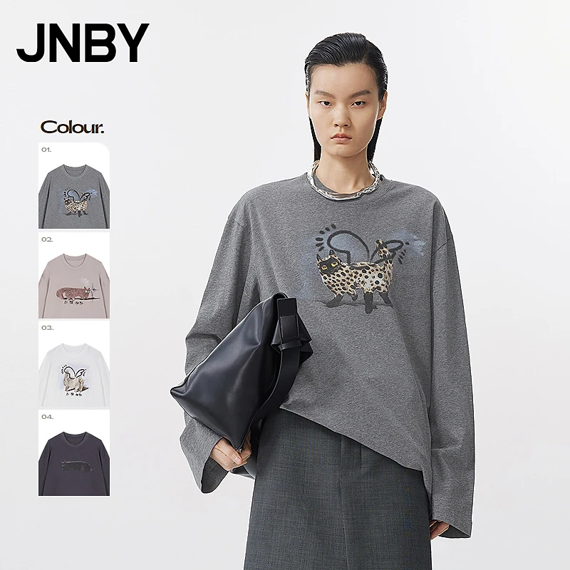 【商场同款】JNBY/江南布衣25夏新品长袖T恤女猫咪图案5P4112750
