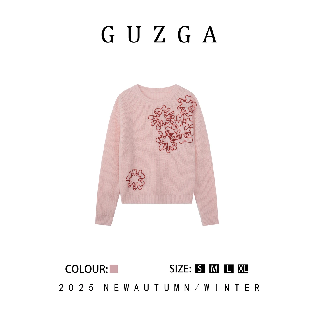GUZGA【仪静体闲】2025秋冬季上新花印元素圆领针织开衫时尚百搭