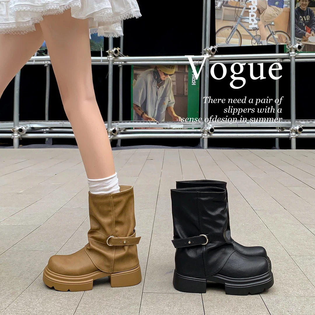 0213厚底马丁靴女中筒2025新款胖mm裤管靴英伦风堆堆靴短靴子