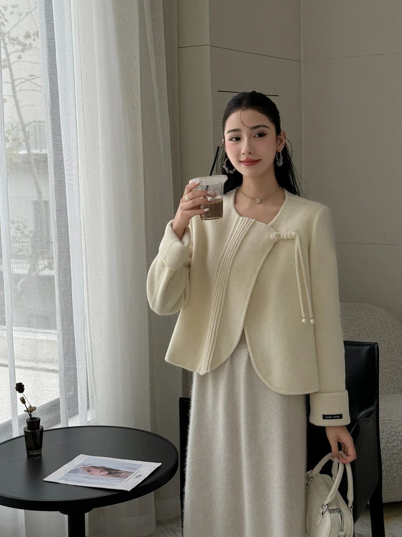 新款 新中式短款小个子国风圆领流苏盘扣双面羊毛大衣