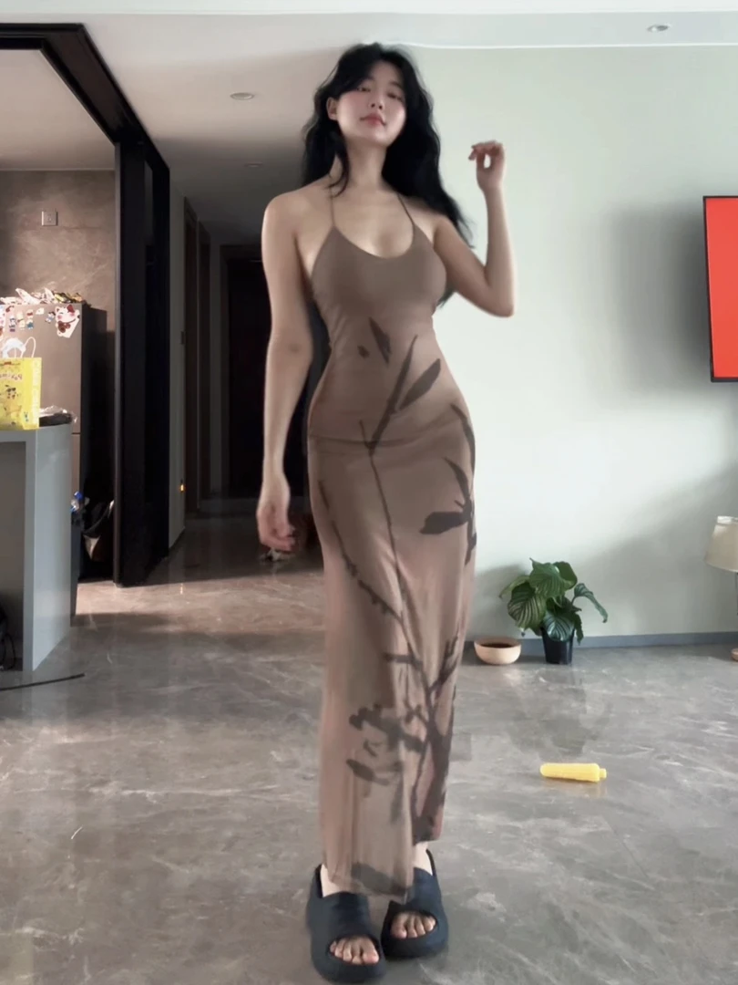 印花气质高级感网纱露背吊带连衣裙女夏季收腰显瘦裙子