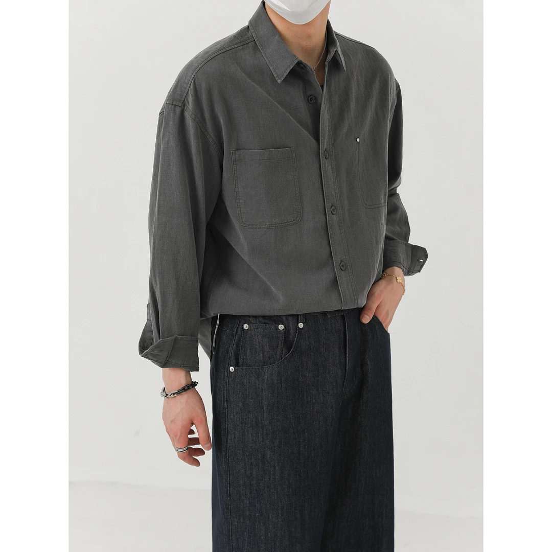 卓卓高级感莱赛尔天丝长袖衬衫 男士秋季上衣韩国宽松纯色衬衣