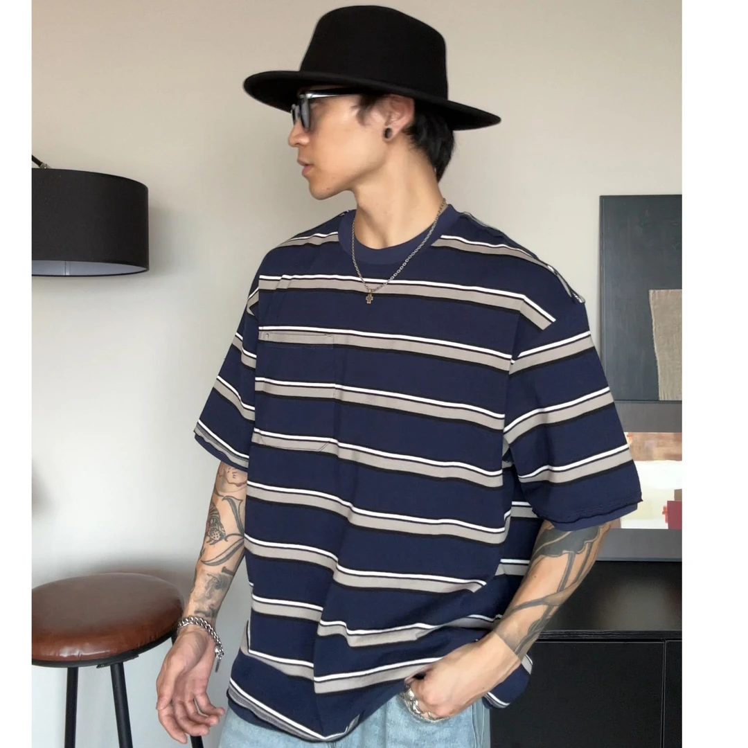 扶摇夏季撞色条纹圆领短袖T恤男士日系复古潮流休闲宽松百搭上衣