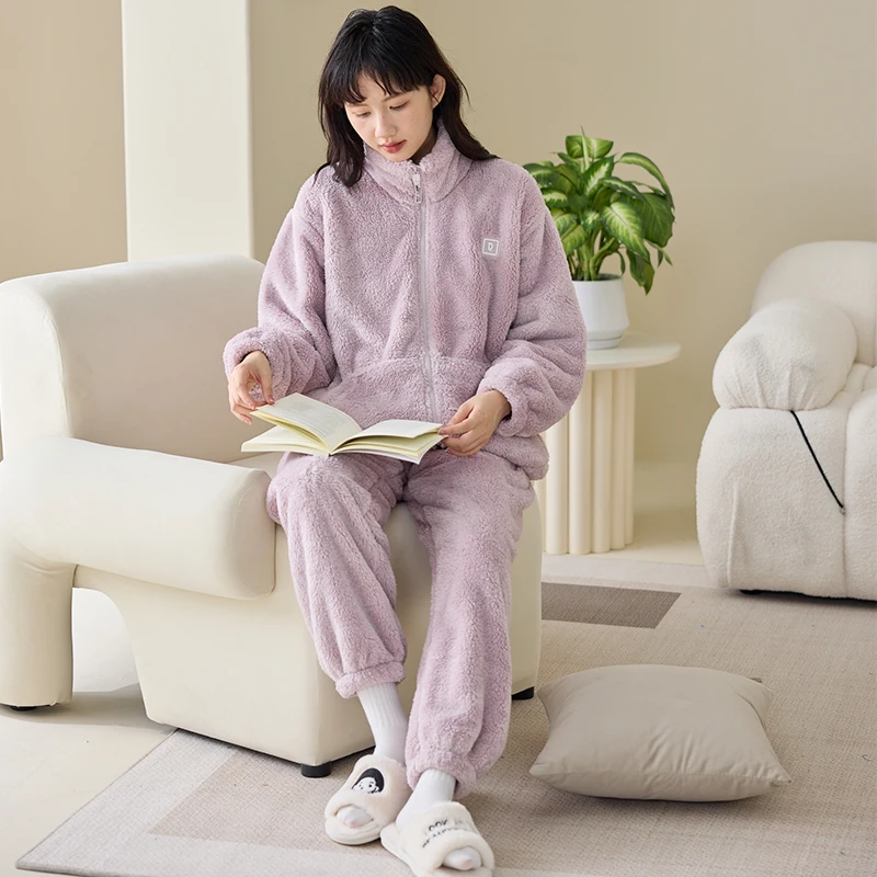 秋冬新款家居服可外穿舒棉绒睡衣套装胸标拉链款