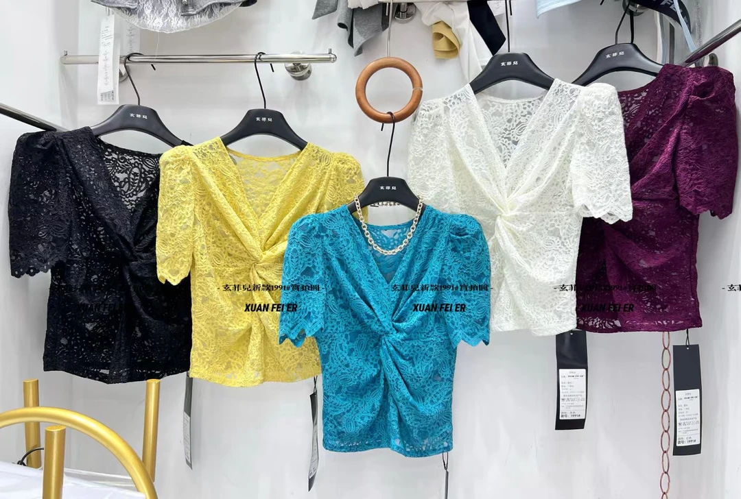 V领蕾丝纯色常规短袖蕾丝衫显瘦衬衫时尚气质