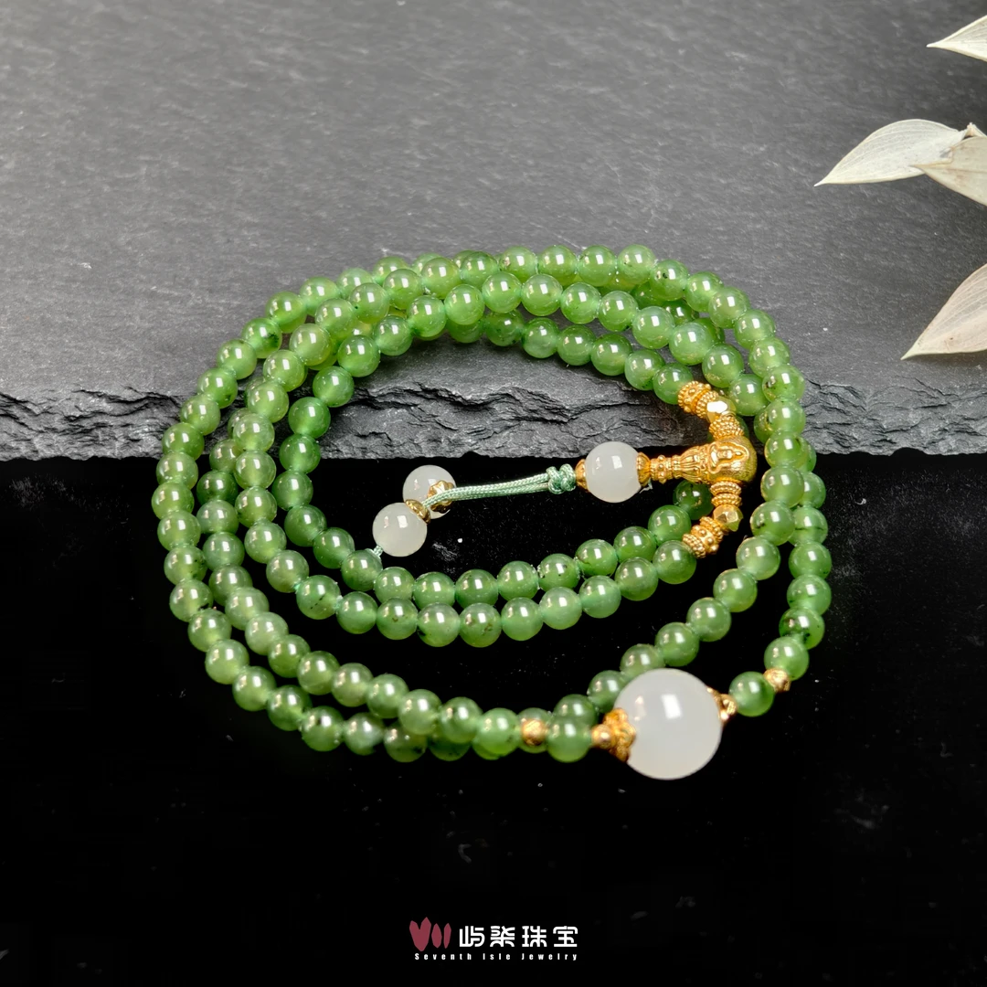 【要努力】F395 和田玉银s925镶嵌 四白碧玉4m多圈 默认黑点