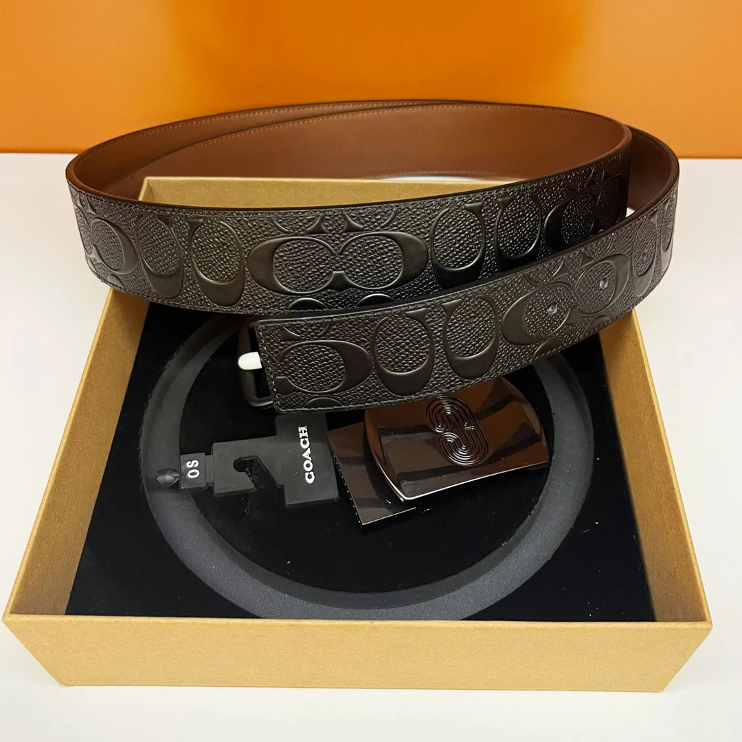 99新 COACH/蔻驰 双扣头压花黑棕双面腰带 3.8带宽轻奢男款时尚