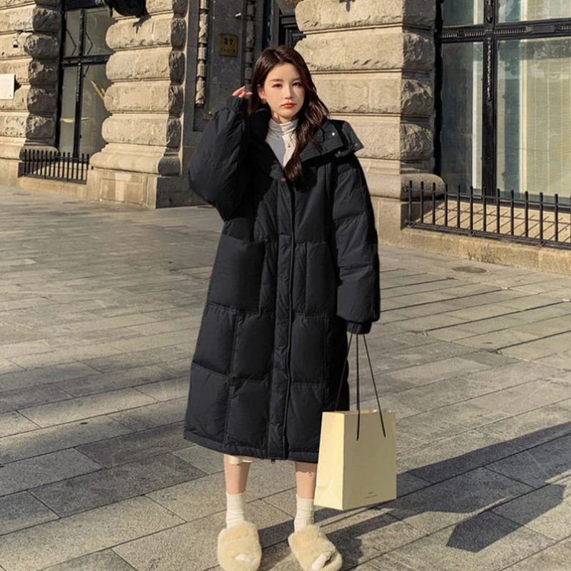 奶fufu淡黄色羽绒服女中长款冬季新款连帽加厚过膝小个子