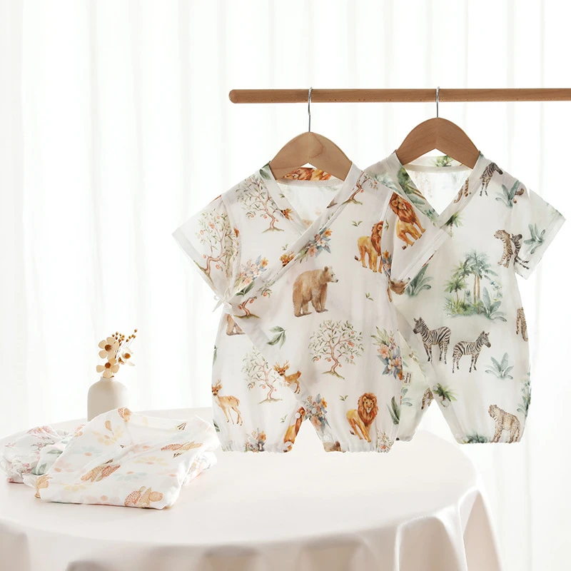 婴幼儿夏季双层护肚连体衣新生儿竹棉纱布衣服短袖薄款透气空调服