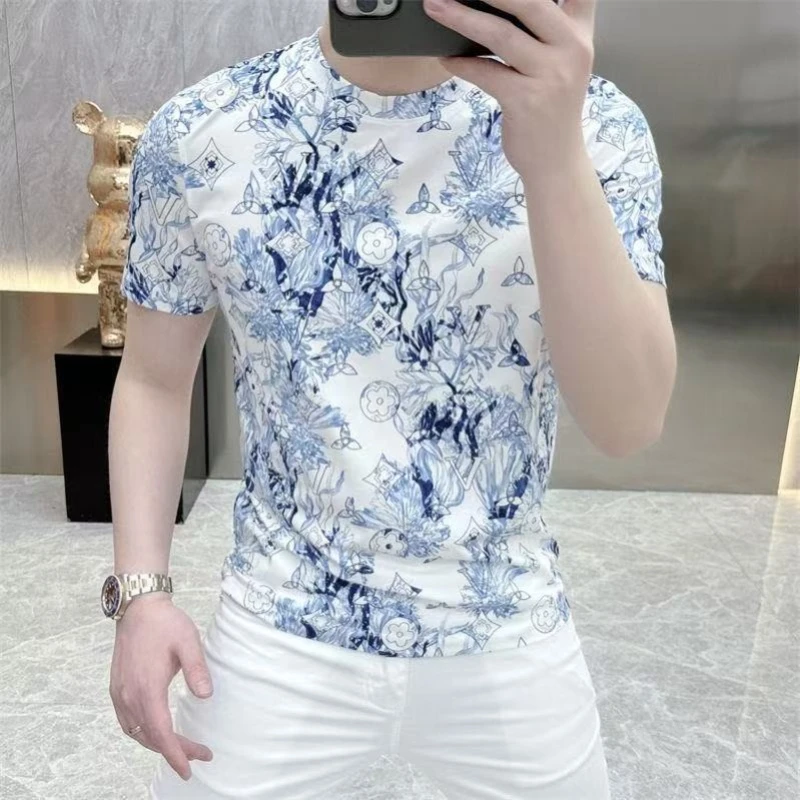 欧货潮牌冰丝男士短袖T恤百搭轻奢印花修身迷彩圆领体恤t恤半袖潮