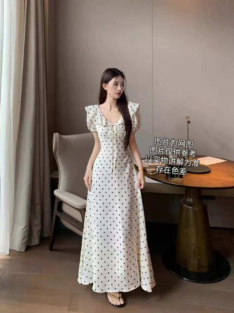 【英敏专属】大码微胖女装夏季韩系温柔风波点蝴蝶结长短款连衣裙