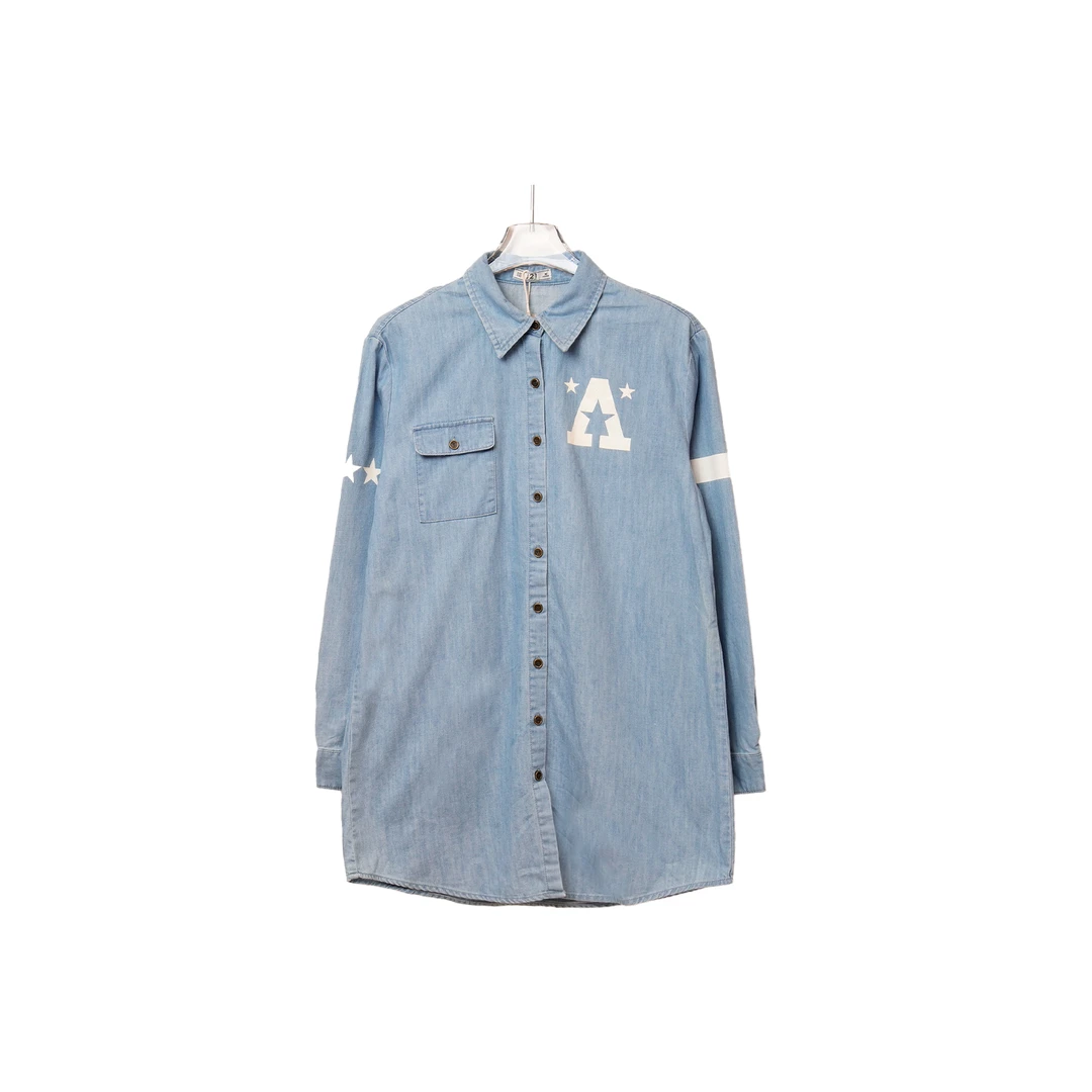 J5QBS106#休闲秋季女士牛仔衬衫长袖渐变百搭宽松洗水做旧复古