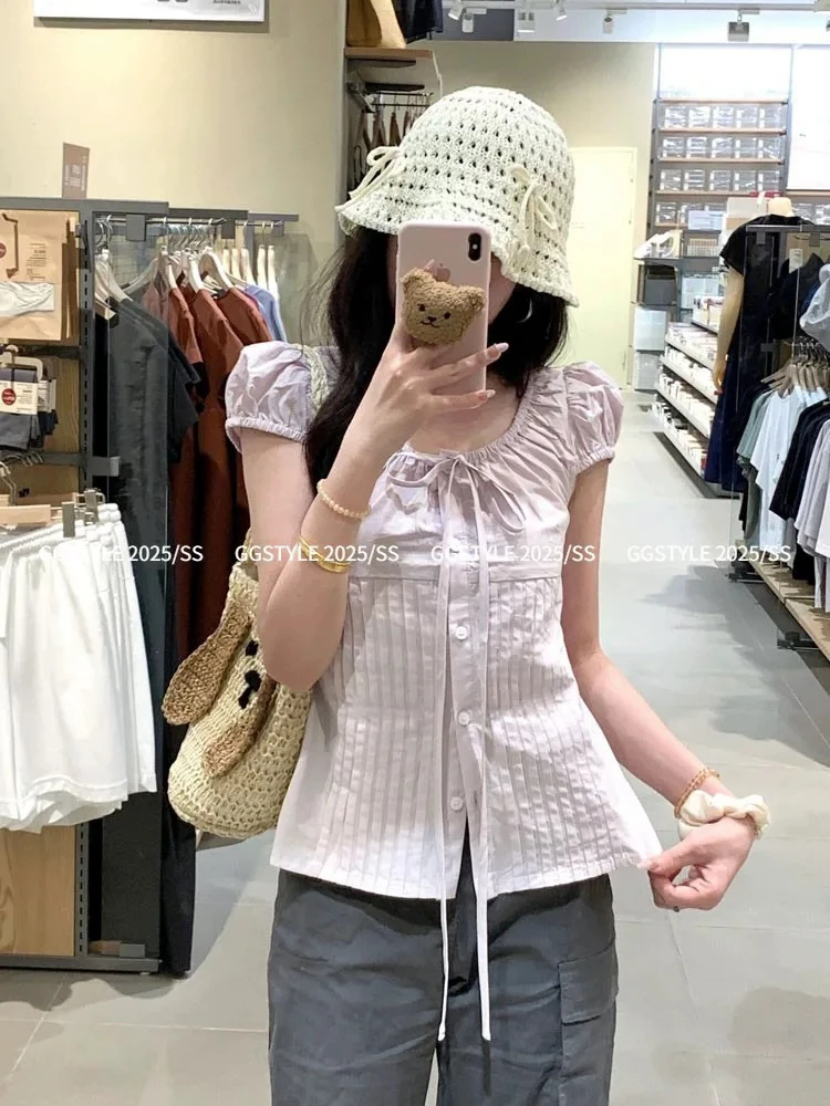 夏季白色正肩设计感小众收腰法式泡泡袖短袖衬衫