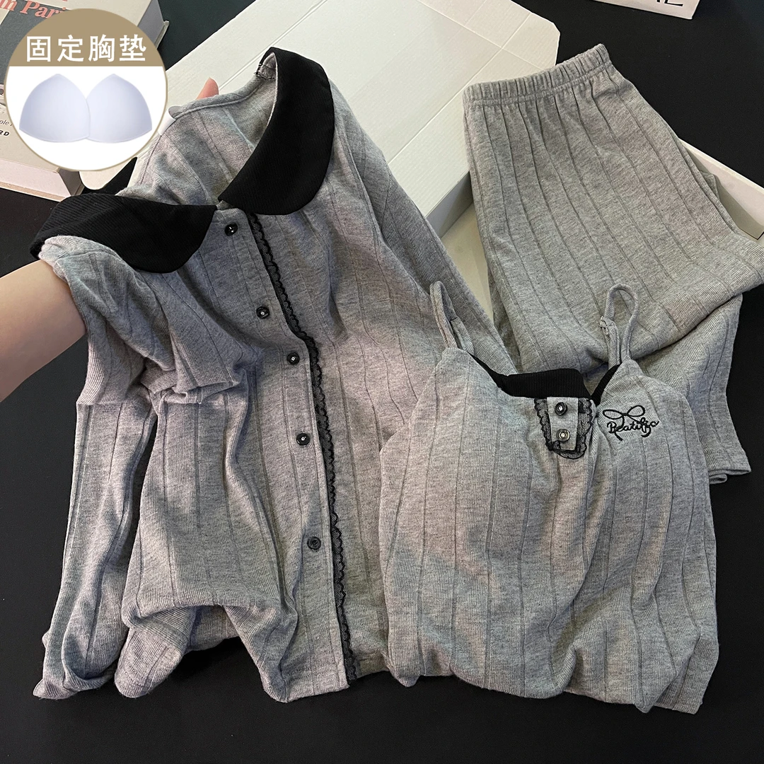 简约灰色睡衣女新款带胸垫羊绒棉加厚保暖秋冬季吊带三件套家居服