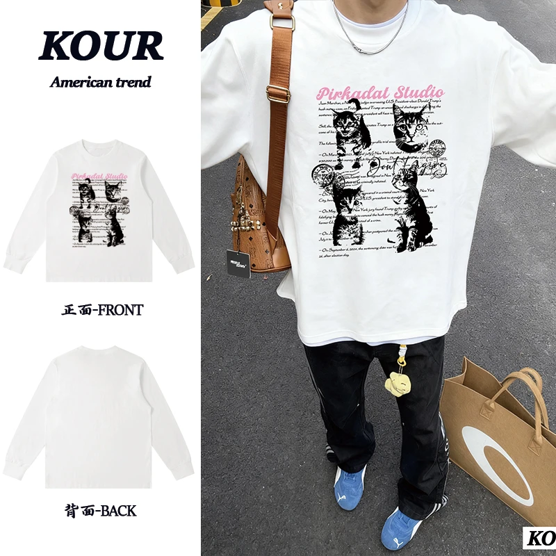可爱小猫英文美式高街复古长袖T恤重磅纯棉上衣落肩圆领打底衫ins