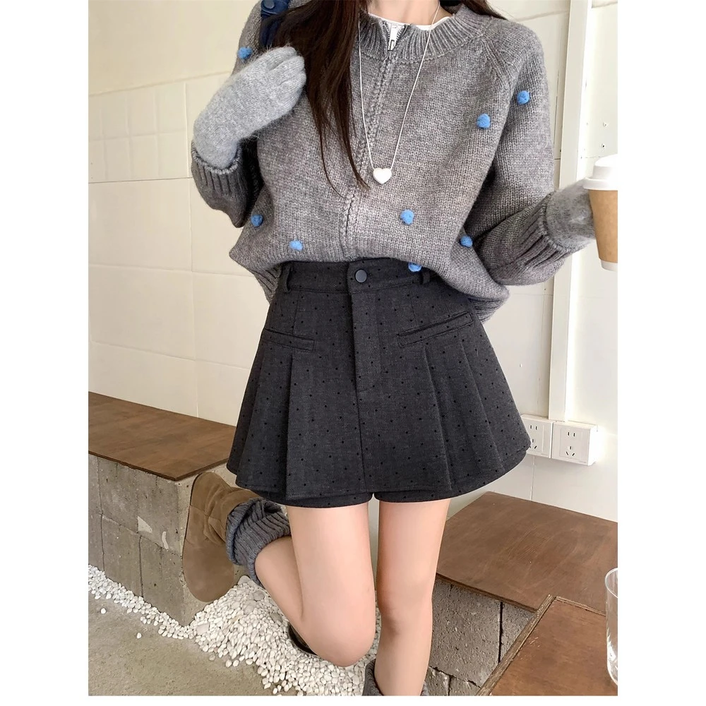 miu系波点毛呢半身裙女秋冬新款大码高腰显瘦防走光百褶短裙裤裙