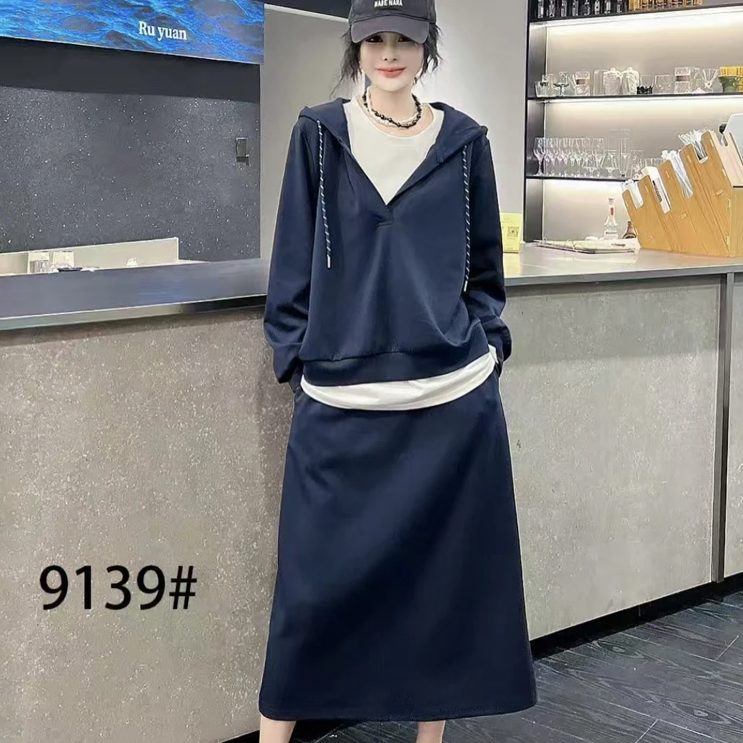 9139胖妹妹显瘦遮肉套装新款大码女装时尚休闲外套半身裙三件套
