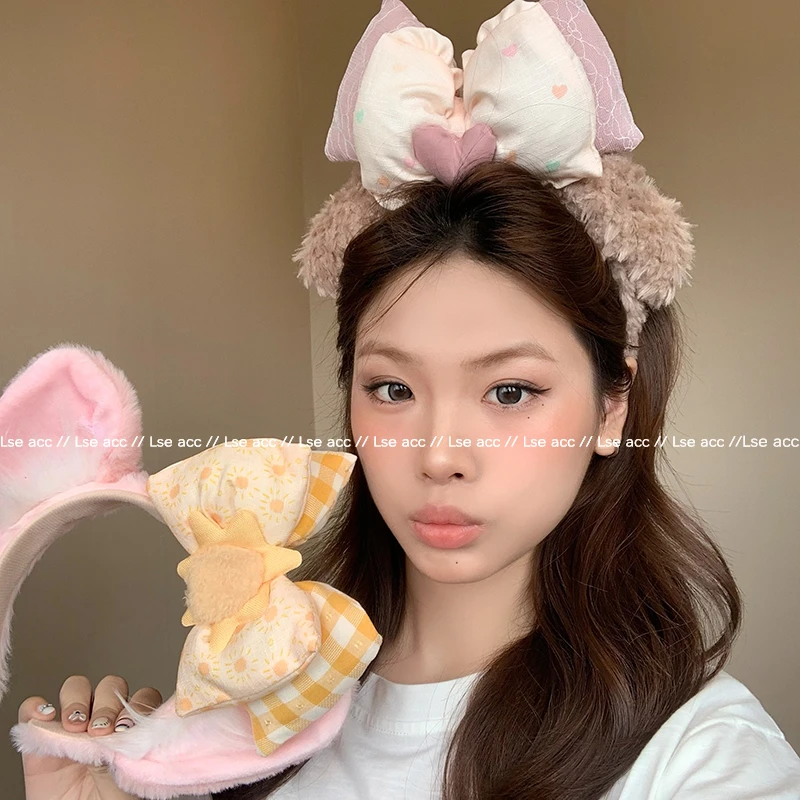 卡通可爱咖色毛绒耳朵蝴蝶结发箍女高级感洗脸头箍游乐园拍照发饰