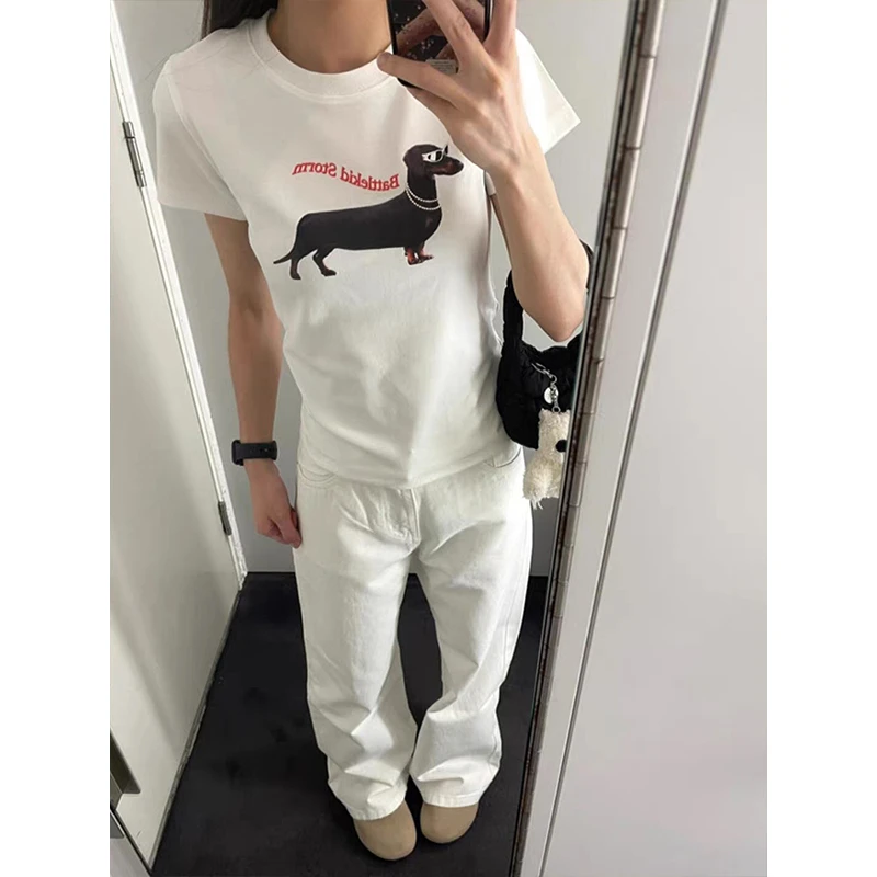 MosesQueen/魔西女王 美式复古腊肠狗印花短袖T恤显瘦短款上衣
