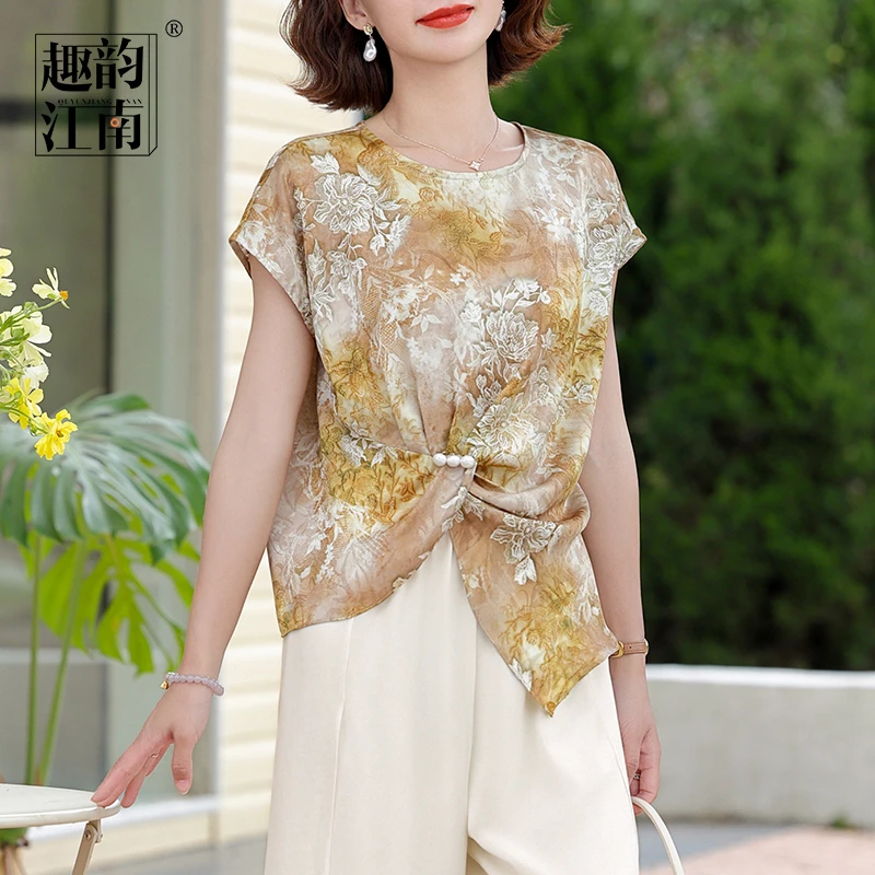 趣韵江南母亲节礼物妈妈装印花减龄上衣套装2025新款宽松遮肚T恤