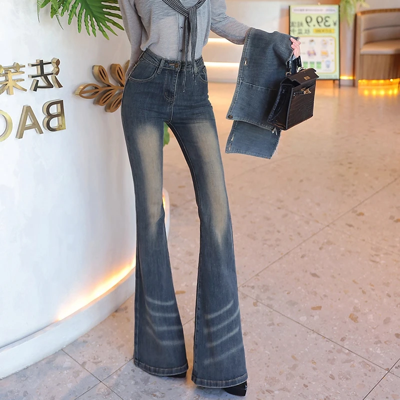 设计感贴紧身腿喇叭裤2025春秋季复古蓝两件微喇牛仔裤女时尚百搭