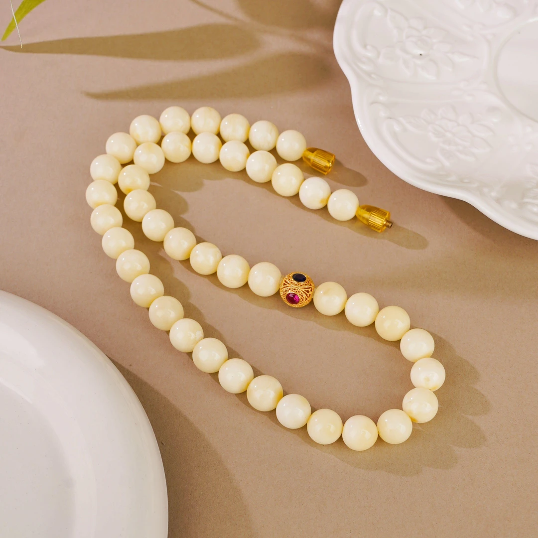 【央网专属】天然珠宝A01718琥珀白蜡圆珠项链 10m+