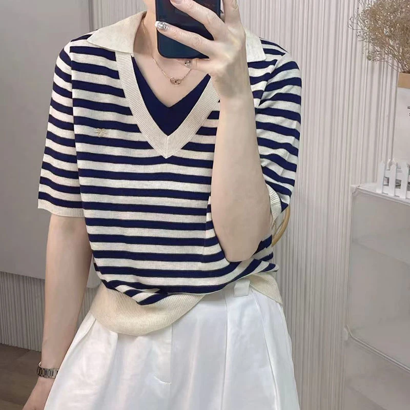 【香嘉怡新品】XJYE17881女士上衣绵羊毛翻领套头条纹针织衫夏季