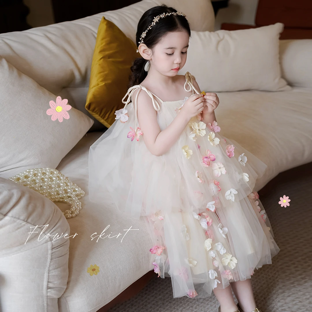 AnnieGirl夏季新款重工花朵吊带网纱裙女童公主裙绝美洋气裙子