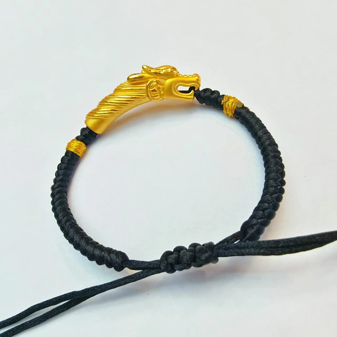 67#足金999 生肖龙头    手工编织时尚黑色复古编绳古法手编素款