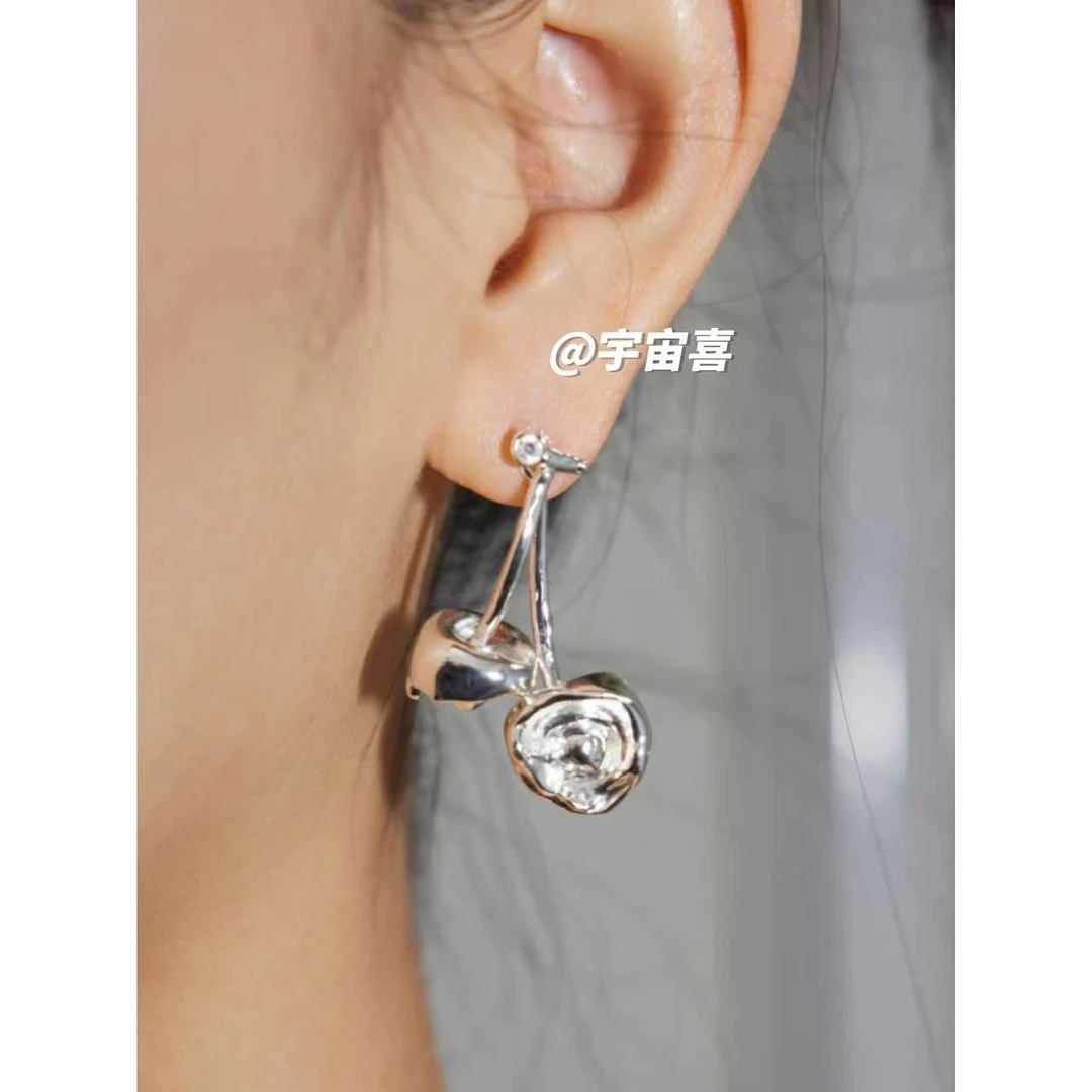 铜合金耳饰  D3-040【金属立体樱桃银白色前后耳钉】