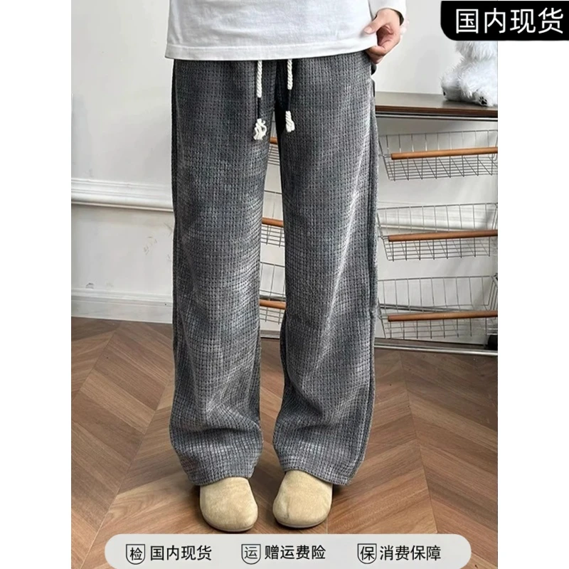 深灰色绒面格子提花裤子男款冬季加绒厚雪尼尔卫裤美式针织休闲裤