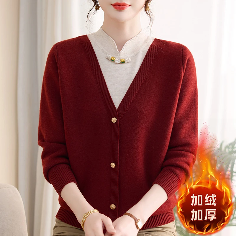 加绒还厚妈妈装毛衣旗袍领上衣女中式中老年女针织小衫长袖假两件