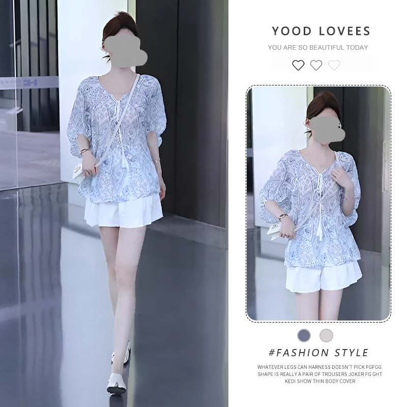 巨好看的夏装一整套2025新款青花瓷设计感上衣白色短裤两件套装女