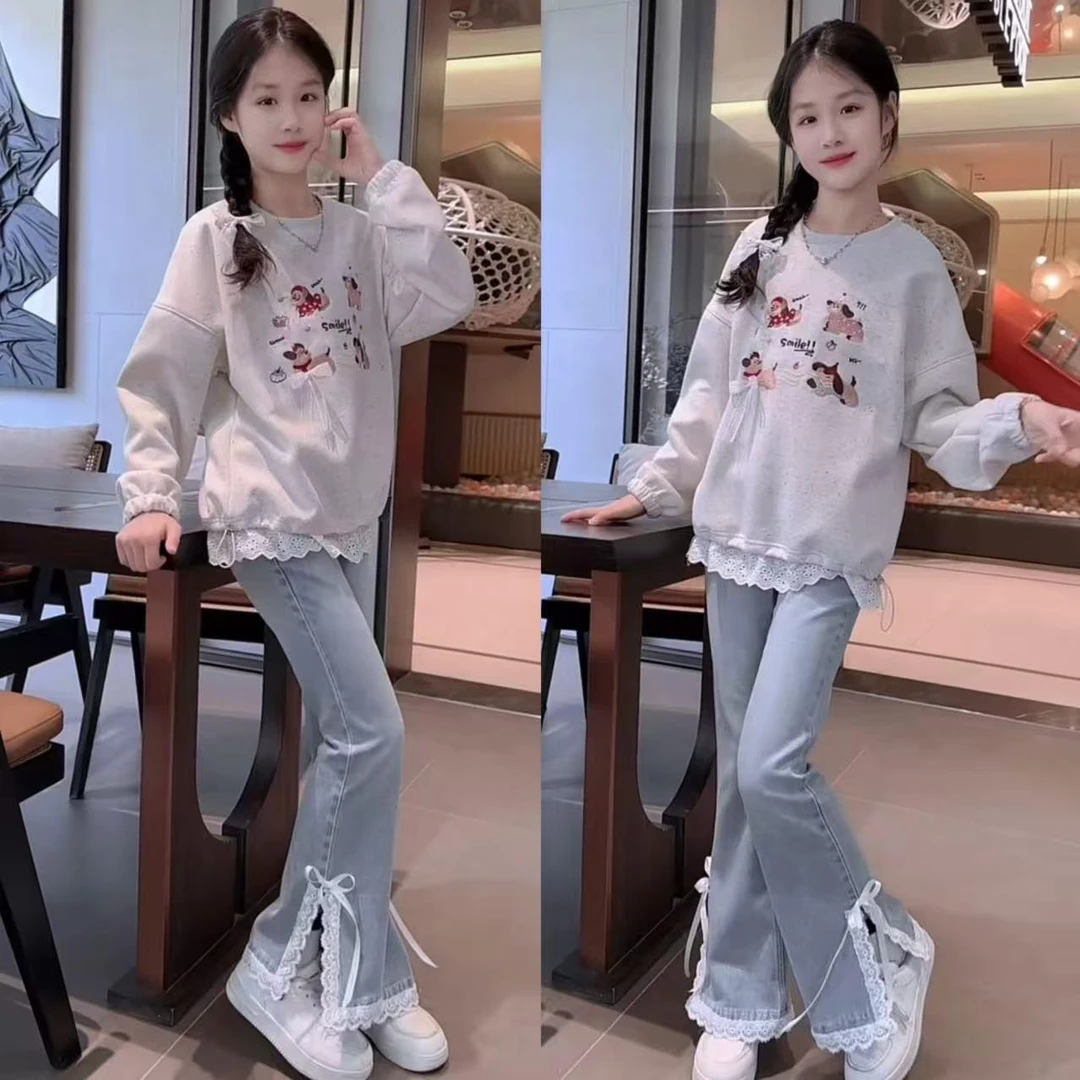 女童卡通刺绣圆领花边卫衣设计感开叉牛仔喇叭裤春秋甜美套装韩版