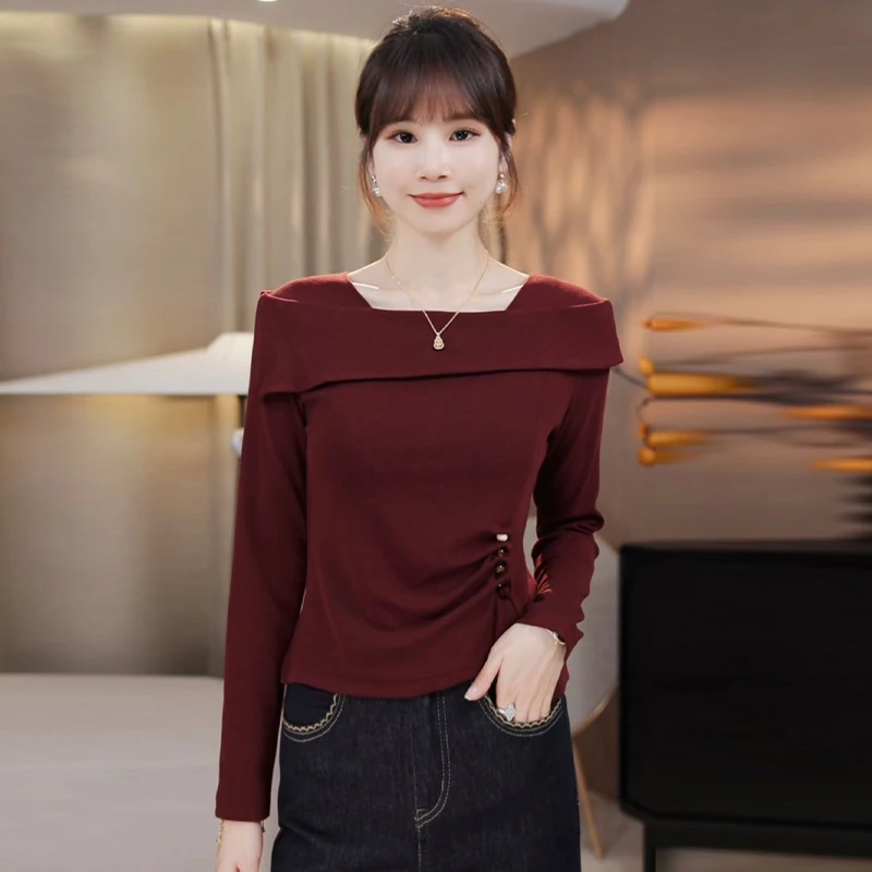 高级感韩系百搭一字肩长袖t恤女2025秋冬新款简约风褶皱显瘦上衣