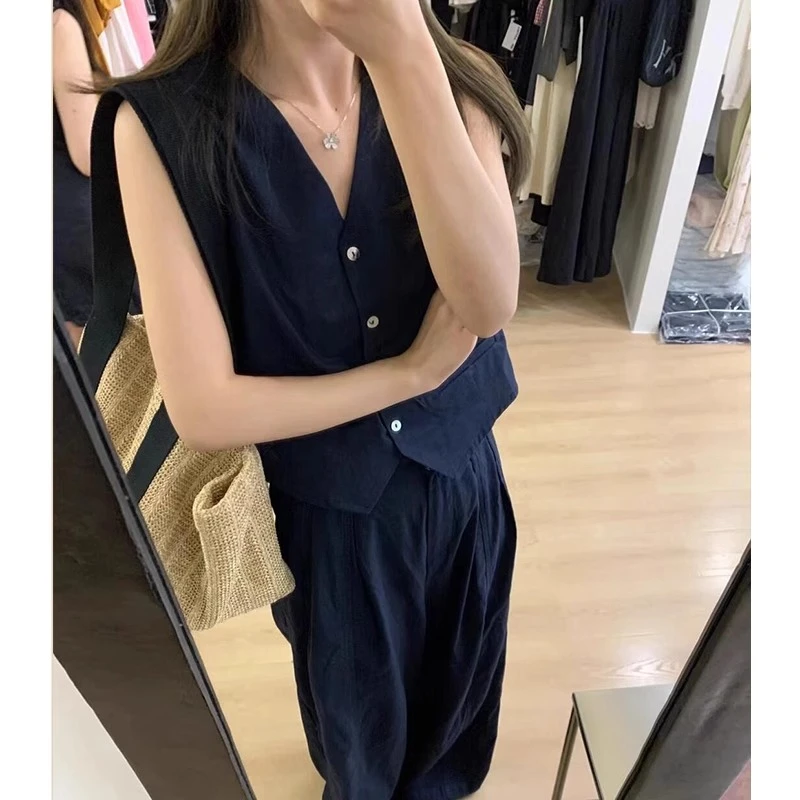韩系休闲亚麻马甲套装女2024夏新款高级老钱风上衣阔腿长裤两件套