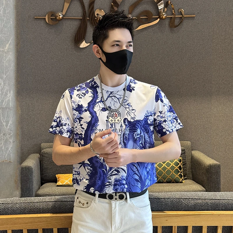 夏季轻奢男士薄款速干韩版潮流圆领短袖休闲时尚百搭修身印花T恤