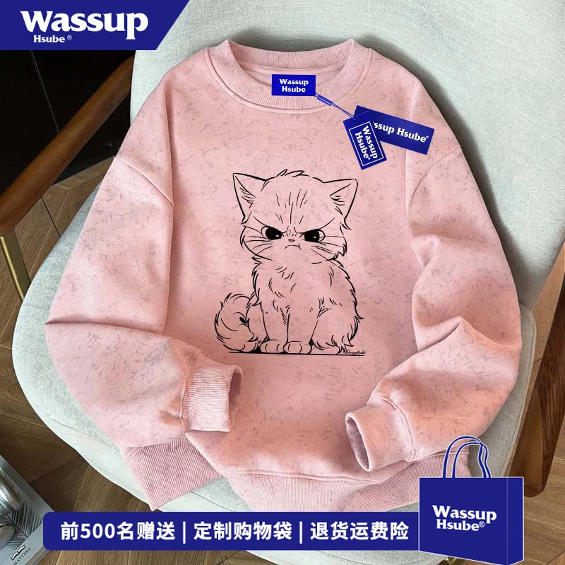 WASSUP HSUBE趣味原创猫咪印花圆领卫衣男女同款秋冬潮牌扎染上衣