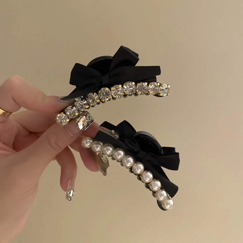 韩式高端气质珍珠抓夹中号头顶发夹马尾黑色后脑勺蝴蝶结鲨鱼夹夏