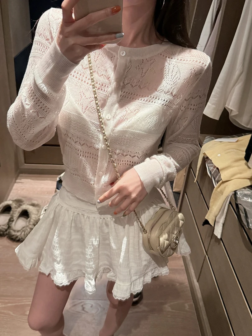 清冷长袖针织开衫女白色新款百搭修身显瘦洋气百搭老钱风女装上衣