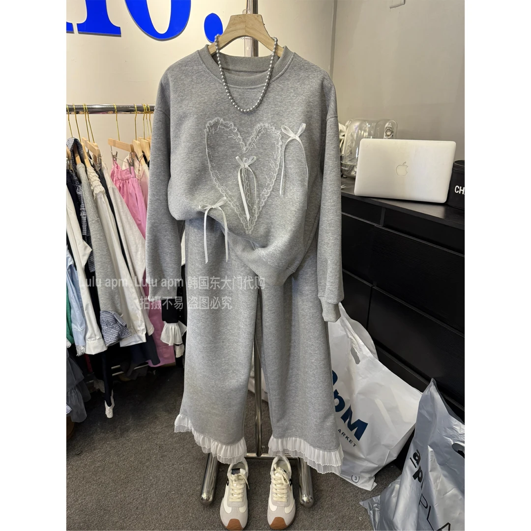 루루가−  （奶fufu）韩国东大门灰色运动套装女春蕾丝拼接阔腿裤两件套