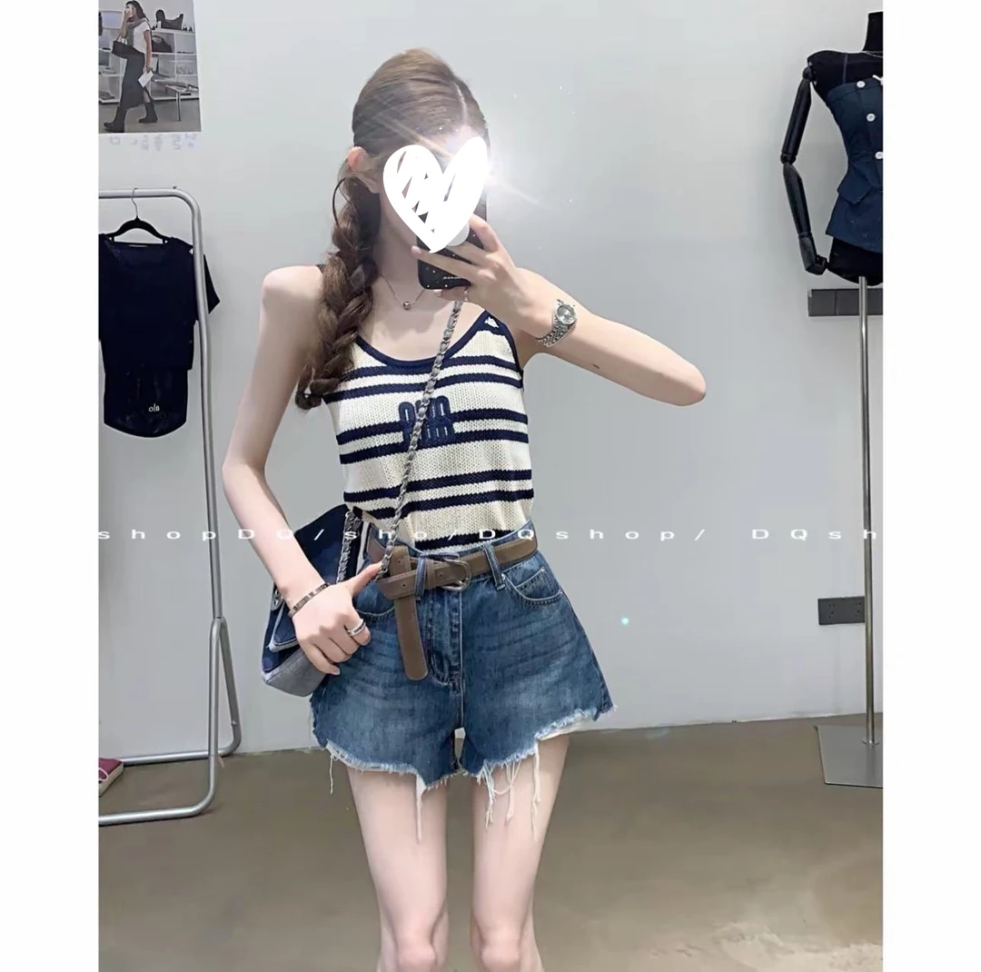 AA复古条纹针织小吊带背心女夏季外穿炸街内搭打底美背无袖上衣